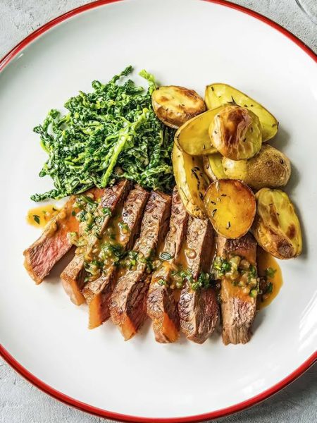 Sliced Steak with Roasted Potatoes & Creamed Greens